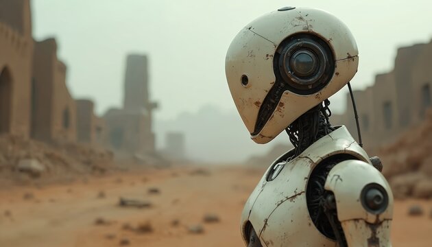 Robot stands alone in desert ruins. Advanced android in post apocalyptic landscape. Post war scene with damaged old buildings in background. Futuristic machine.