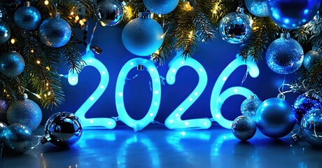 Bright blue glowing numerals display year 2026. Festive ornaments, pine branches create holiday ambiance. Shiny spheres reflect light.