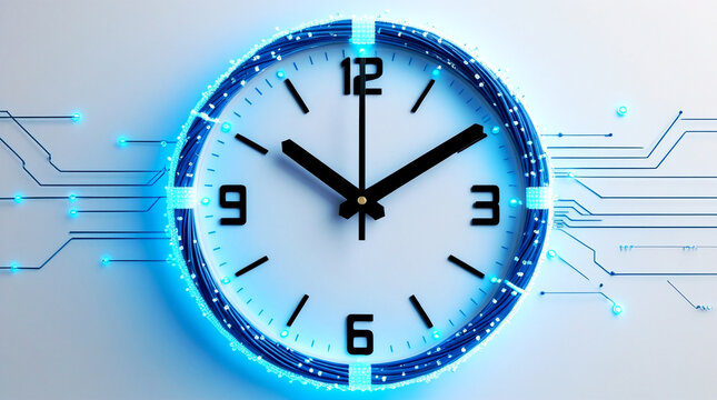 Futuristic glowing clock with blue neon circuits wrapping around the dial, creating a high-tech modern timepiece design with luminous details, digital aesthetics and a clean minimal background
