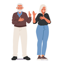 Senior man and woman isolated cartoon characters gesturing promise with oath giving solemn vows
