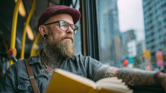 Bearded man with glasses reading a book on a city bus, rainy window in background