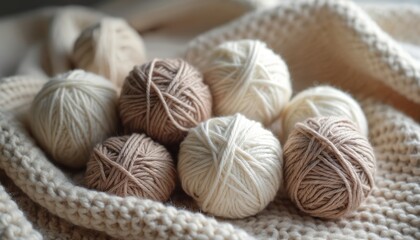 Balls of wool yarn in neutral tones rest on cozy knitted fabric. Ready for knitting or crochet projects, these soft fibers invite creativity and warm winter crafts indoors.