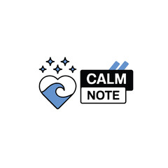 A logo featuring a heart with a wave inside and the text calm note next to it with stars above heart