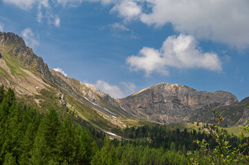 alpine landscape along the trail through San Nicolò valley, Val di Fassa, Dolomites, Italy