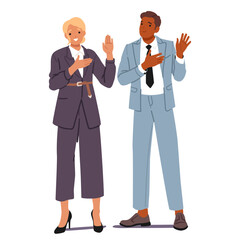 Businessman and businesswoman isolated cartoon characters giving promise with oath gesture