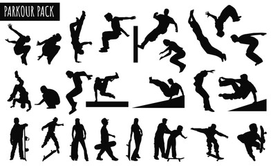 Parkour Silhouette Action: A collection of dynamic silhouettes capturing the essence of parkour and free running, depicting various movements and maneuvers on display.