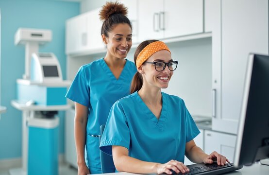 Two smiling nurses in blue scrubs collaborate at a computer, looking at the screen and discussing medical data. They work together in a bright clinic room. One nurse types on keyboard.