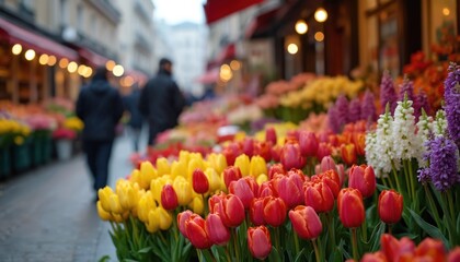 Colourful tulips and flowers displayed on city street market stall. People walk past shop with floral arrangements. Fresh blooms for sale in springtime.