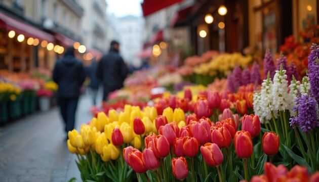 Colourful tulips and flowers displayed on city street market stall. People walk past shop with floral arrangements. Fresh blooms for sale in springtime. - Powered by Adobe