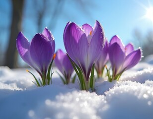 Purple crocus flowers bloom through fresh snow. Delicate petals dusted with ice crystals. Bright sunlight shines on early spring blossoms. Nature proves resilience against winter cold.