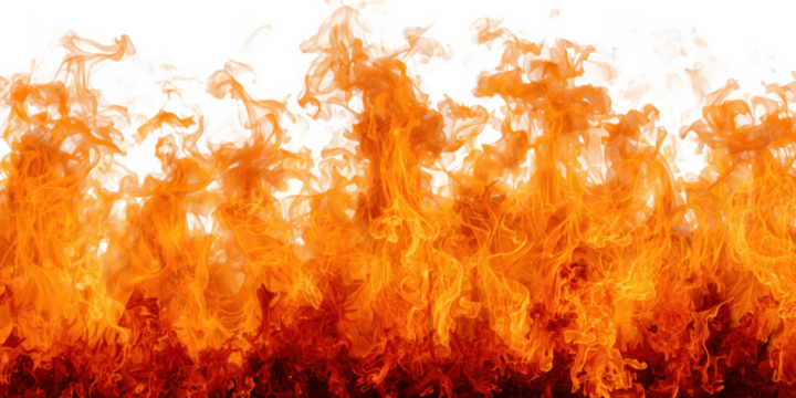 Burning flames with bright orange and red colors isolated on transparent background