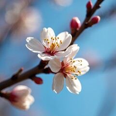 Apricot tree white blossoms open on brown branch against bright blue sky. Delicate petals reveal yellow pollen centers with red accents. Tiny pink buds swell near blooming flowers. Spring fruit tree