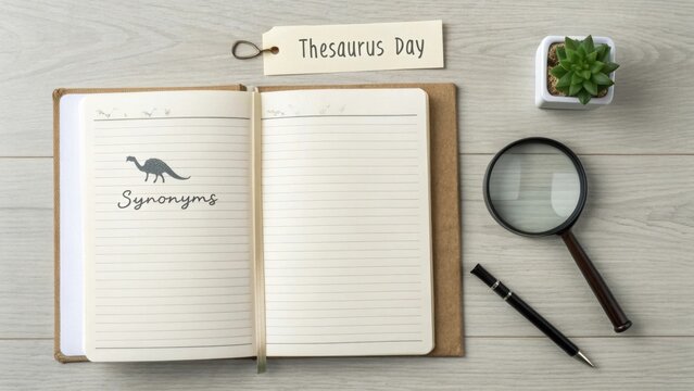 Open Notebook Pen and Magnifying Glass on a Thesaurus Day Display