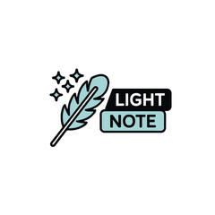 Illustration of a light blue feather with stars and a light note text on a white background