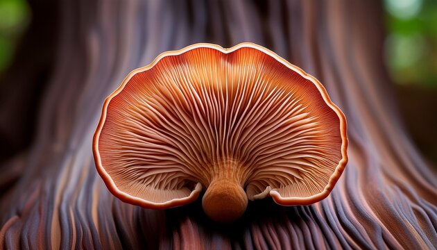 A Close Up View Of A Reishi Mushroom With Its Distinct Reddish Brown And Cream Colored Bands Pattern