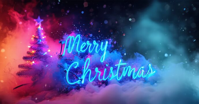 Vibrant Christmas scene. Neon text overlays fir tree, smoke effects create festive mood. Bright colors dominate composition.