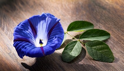 Blue Butterfly Pea Flower Clitoria Ternatea Also Known As Bunga Telang With Green Leaves In Natural Light Ideal For Herbal Tea Botanical Or Organic Ingredient Concept