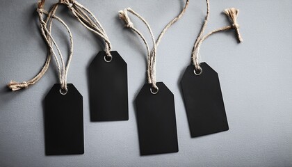 Four Blank Black Gift Tags With Twine Strings Mockup For Branding