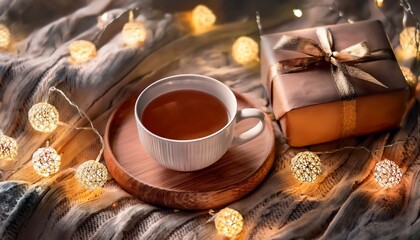 A Cozy Setup Featuring A Warm Cup Of Tea A Gift Box And Twinkling Fairy Lights On A Knitted Blanket Creates An Inviting Atmosphere Perfect For Enjoying Peaceful Evenings During The Holiday Season