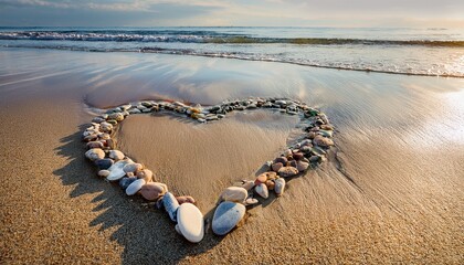 A Heart Shape Formed By Stones And Shells On A Sandy Beach