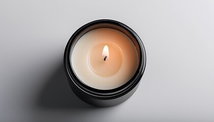 A Top Down View Of A Lit Candle In A Dark Container Set Against A Light Background Exuding Warmth And Ambiance
