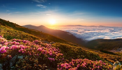 Mountain View Above Clouds Flowers And Blooming Bushes At Sunset Sunbeams Calm Close Up Beautiful Landscape Screensaver Background Beautiful Panorama Summer Vacation Holiday Amazing Nature