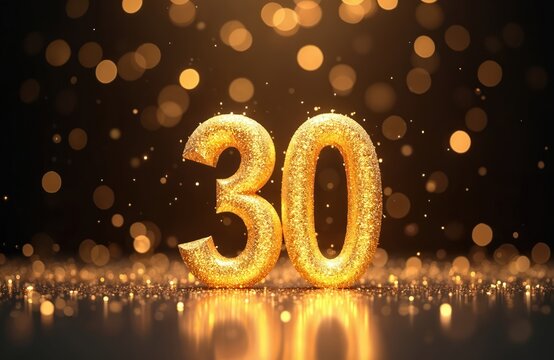 Golden number 30 shines brightly against a dark bokeh background, perfect for celebrating a milestone like a thirtieth birthday or business anniversary.