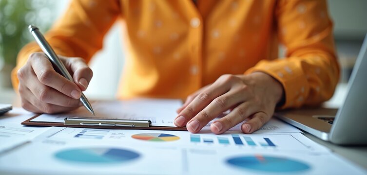 Close up photo of person working. Hands with pen analyze charts reports and documents. Financial data report study. Worker in orange shirt works in office. Business concept.