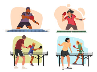 Excited talented people cartoon characters with ping pong playing table tennis cartoon scene set