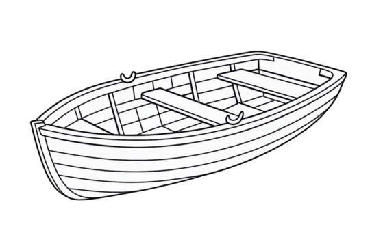 Rowboat line drawing with wooden seats, a simple black and white outline illustration on a transparent background