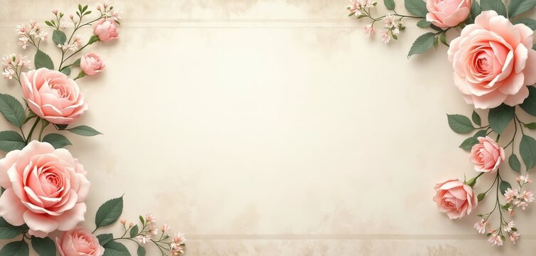 Soft pink roses, delicate blossoms adorn neutral, textured background. Elegant floral arrangement creates serene, romantic border perfect for invitations decorative designs, suggesting spring. Garden