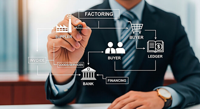 Business man drawing a flowchart of the concept of Supply Chain management.