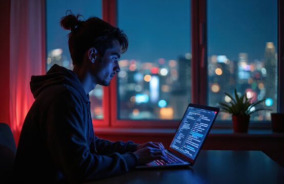 Young man codes on a laptop at home near window. Programmer works at night with cityscape lights outside. Developer does his job using tech. Home office work environment.