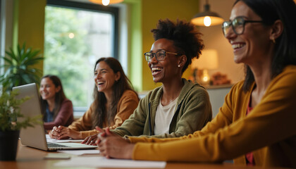 Diverse group of women laugh and learn together in modern classroom. Students engage in lesson with laptop computer on table. Positive interaction and collaboration during educational activity.