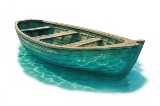 Old wooden rowboat floating on tranquil clear blue water illustrating peace and calmness on a transparent background