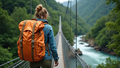Woman with orange backpack walks on suspension bridge over turquoise river. Green forest surrounds canyon. Traveler explores remote nature trail. Adventure trip for active people.