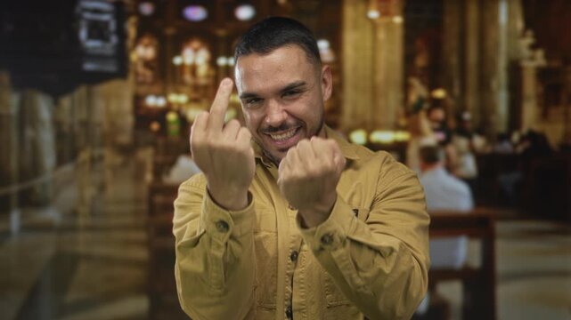 Young hispanic man flips middle finger and clenches fists inside ornate church building with wooden pews and chandeliers; defiance rebellion resistance insult.