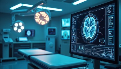 Hospital operation room with advanced medical equipment displays brain scan. Tech, healthcare innovation in surgery. Modern technology used for patient care diagnosis. Digital medicine improves