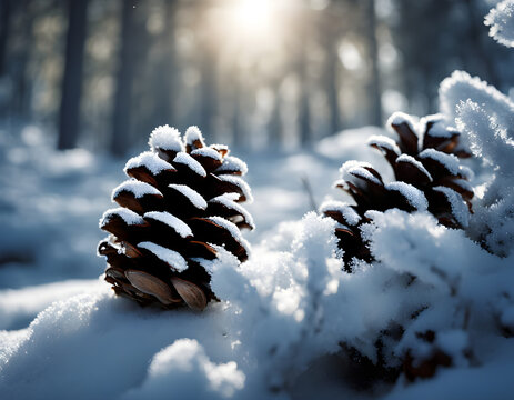 two pine cones in the snow on a forest floor with early morning sunlight streaming through the trees