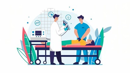 Medical professionals attending to a patient in a hospital setting with various equipment around. - Powered by Adobe