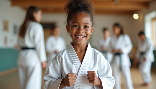 Happy young girl in karate uniform smiles. Child is cheerful at martial arts class. Other students in the background. Dojo training session with children learning self defense.