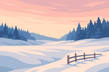 Sunrise leading horizon toward wooden illustration vast vector snowy panorama fence snow