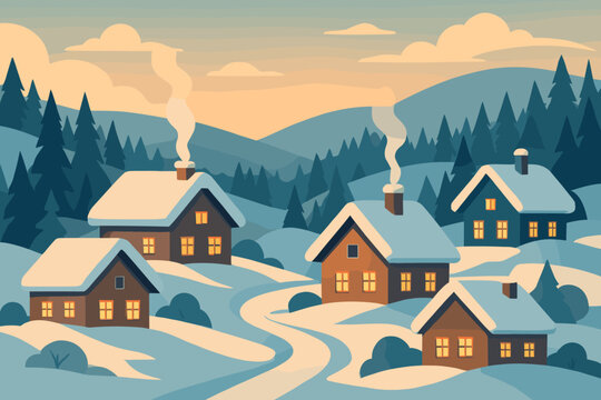 Houses vector surrounded dusk illustration hills background winter charming pine forests village