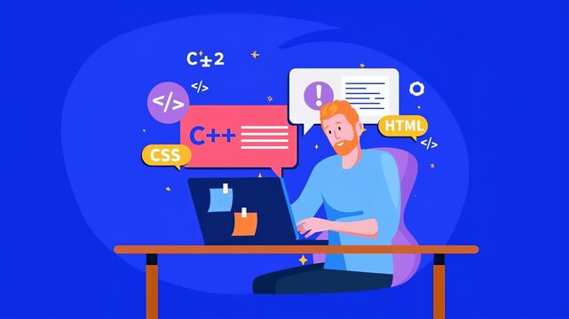 A man coding on a laptop with programming language symbols and icons in the background.