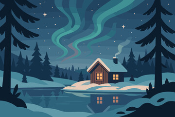 Aurora vector retreat lake faint painting reflecting pine starlit snowy frozen illustration