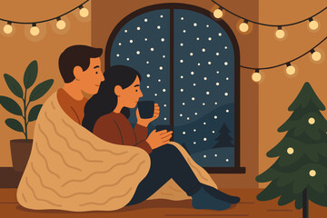 Vector while blanket cozy illustration winter snowfall couple retreat tea sitting window