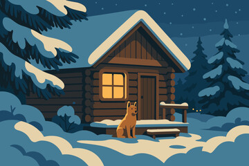 Distant serenity porch frost winter heavy pine surrounded cabin nearby branches vector