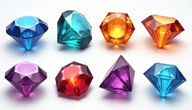 Collection of faceted colorful gemstones, including blue, aqua, orange, red, and purple gems. They look like diamonds and jewels. Variety of shapes and cuts for game design. High quality render.