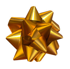 A Gold Glossy ribbon Bow isolated on a transparent background with a clipping path. Design element for seasonal greetings, holidays, Christmas, celebrations, and New Year's.