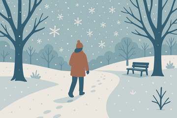 Marking illustration park vector path falling serenity person soft through snowy stroll